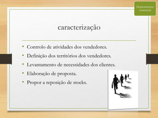 caracterização
• Controlo de atividades dos vendedores.
• Definição dos territórios dos vendedores.
• Levantamento de necessidades dos clientes.
• Elaboração de proposta.
• Propor a reposição de stocks.
Departamento
comercial
 