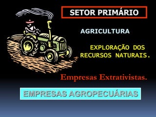 EXPLORAÇÃO DOS
RECURSOS NATURAIS.
Empresas Extrativistas.
SETOR PRIMÁRIO
EMPRESAS AGROPECUÁRIAS
AGRICULTURA
 