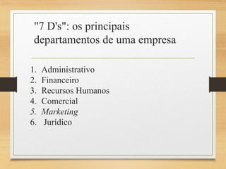 "7 D's": os principais
departamentos de uma empresa
1. Administrativo
2. Financeiro
3. Recursos Humanos
4. Comercial
5. Marketing
6. Jurídico
 