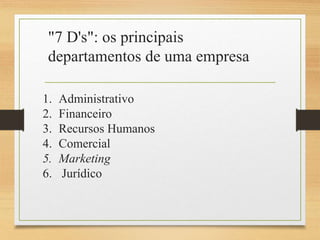 "7 D's": os principais
departamentos de uma empresa
1. Administrativo
2. Financeiro
3. Recursos Humanos
4. Comercial
5. Ma...