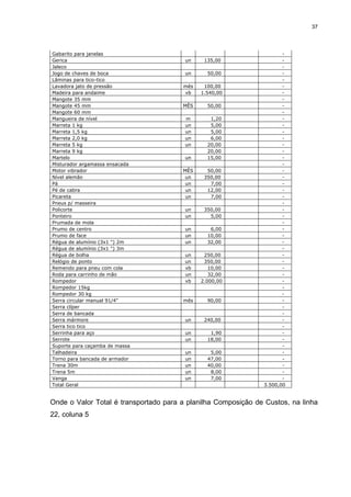 37




Gabarito para janelas                                                 -
Gerica                                  un    135,00                  -
Jaleco                                                                -
Jogo de chaves de boca                  un     50,00                  -
Lâminas para tico-tico                                                -
Lavadora jato de pressão               mês    100,00                  -
Madeira para andaime                   vb    1.540,00                 -
Mangote 35 mm                                                         -
Mangote 45 mm                          MÊS     50,00                  -
Mangote 60 mm                                                         -
Mangueira de nível                      m       1,20                  -
Marreta 1 kg                            un      5,00                  -
Marreta 1,5 kg                          un      5,00                  -
Marreta 2,0 kg                          un      6,00                  -
Marreta 5 kg                            un     20,00                  -
Marreta 9 kg                                   20,00                  -
Martelo                                 un     15,00                  -
Misturador argamassa ensacada                                         -
Motor vibrador                         MÊS     50,00                  -
Nível alemão                            un    350,00                  -
Pá                                      un      7,00                  -
Pé de cabra                             un     12,00                  -
Picareta                                un      7,00                  -
Pneus p/ masseira                                                     -
Policorte                               un    350,00                  -
Ponteiro                                un      5,00                  -
Prumada de mola                                                       -
Prumo de centro                         un      6,00                  -
Prumo de face                           un     10,00                  -
Régua de alumínio (3x1 ") 2m            un     32,00                  -
Régua de alumínio (3x1 ") 3m                                          -
Régua de bolha                          un    250,00                  -
Relógio de ponto                        un    350,00                  -
Remendo para pneu com cola              vb      10,00                 -
Roda para carrinho de mão               un      32,00                 -
Rompedor                                vb   2.000,00                 -
Rompedor 15kg                                                         -
Rompedor 30 kg                                                        -
Serra circular manual 91/4"            mês     90,00                  -
Serra clíper                                                          -
Serra de bancada                                                      -
Serra mármore                           un    240,00                  -
Serra tico tico                                                       -
Serrinha para aço                       un      1,90                  -
Serrote                                 un     18,00                  -
Suporte para caçamba de massa                                         -
Talhadeira                              un      5,00                  -
Torno para bancada de armador           un     47,00                  -
Trena 30m                               un     40,00                  -
Trena 5m                                un      8,00                  -
Vanga                                   un      7,00                  -
Total Geral                                                    3.500,00


Onde o Valor Total é transportado para a planilha Composição de Custos, na linha
22, coluna 5
 