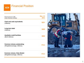 Financial Position


All amounts are in US$,            Dec. 31
unless otherwise indicated           2011

Cash and cash equivalents
                                     $221
(millions)


Long term debt
                                     $920
(millions)


Available credit facilities
                                     $880
($US millions)




Common shares outstanding
                                    170.3
(Weighted average, millions)




Common shares, fully diluted
                                    170.3
(Weighted average, millions)



                                             5
 