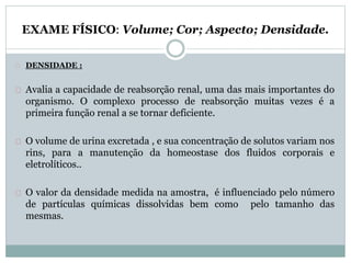 EXAME FÍSICO: Volume; Cor; Aspecto; Densidade. 
DENSIDADE : 
Avalia a capacidade de reabsorção renal, uma das mais importantes do 
organismo. O complexo processo de reabsorção muitas vezes é a 
primeira função renal a se tornar deficiente. 
O volume de urina excretada , e sua concentração de solutos variam nos 
rins, para a manutenção da homeostase dos fluidos corporais e 
eletrolíticos.. 
O valor da densidade medida na amostra, é influenciado pelo número 
de partículas químicas dissolvidas bem como pelo tamanho das 
mesmas. 
 