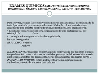 EXAMES QUÍMICOS: pH; PROTEÍNA; GLICOSE; CETONAS; 
BILIRRUBINA; SANGUE; UROBILINOGÊNIO; NITRITO; LEUCÓCITOS. 
Para se evitar, reações falso-positivos de amostras contaminadas, a sensibilidade do 
teste é padronizada para corresponder aos critérios da cultura bacteriana que 
exigem que uma amostra positiva de urina, contenha 100.000 organismo/ml. 
* Resultados positivos devem ser acompanhados de uma bacterioscopia, por 
coloração de Gram 
- emergir a fita reagente na urina homogeinizada; 
ler após 60 segundos. 
RESULTADO: Negativo 
Positivo 
INTERFERENTES: leveduras e bactérias gram-positivas que não reduzem o nitrato, 
tempo de contato entre o nitrato e as bactérias, presença de ácido ascórbico, uso de 
antibióticos, amostras não recentes (bactérias contaminantes produzirão nitrito). 
PRESENÇA DE NITRITO : cistite, pielonefrite, avaliação da terapia com 
antibióticos, seleção da amostras para culturas. 
 