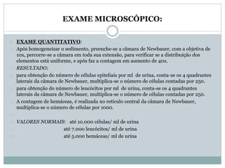EXAME MICROSCÓPICO: 
EXAME QUANTITATIVO: 
Após homogeneizar o sedimento, preenche-se a câmara de Newbauer, com a objetiva de 
10x, percorre-se a câmara em toda sua extensão, para verificar se a distribuição dos 
elementos está uniforme, e após faz a contagem em aumento de 40x. 
RESULTADO: 
para obtenção do número de células epiteliais por ml de urina, conta-se os 4 quadrantes 
laterais da câmara de Newbauer, multiplica-se o número de células contadas por 250. 
para obtenção do número de leucócitos por ml de urina, conta-se os 4 quadrantes 
laterais da câmara de Newbauer, multiplica-se o número de células contadas por 250. 
A contagem de hemáceas, é realizada no retículo central da câmara de Newbauer, 
multiplica-se o número de células por 1000. 
VALORES NORMAIS: até 10.000 células/ ml de urina 
até 7.000 leucócitos/ ml de urina 
até 5.000 hemáceas/ ml de urina 
 
