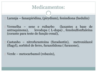Medicamentos: 
Laranja – fanazpiridina, (pirydium), fenindiona (hedulin) 
Vermelha – sene e ruibarbo (laxantes a base de 
antraquinona), levodopa ( L-dopa) , fenolsulfonftaleína 
(corante para teste de função renal), 
Castanho – nitrofurantoína (furadantin), metronidazol 
(flagyl), sorbitol de ferro, furazolidona ( furaxone), 
Verde – metocarbamol (robaxin), 
 