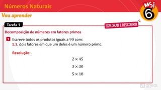 Números Naturais
Decomposição de números em fatores primos
1 Escreve todos os produtos iguais a 90 com:
1.1. dois fatores em que um deles é um número primo.
Resolução:
2 × 45
3 × 30
5 × 18
 