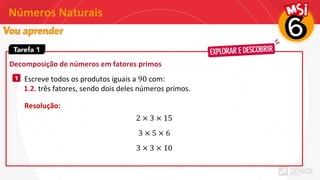 Números Naturais
Decomposição de números em fatores primos
1 Escreve todos os produtos iguais a 90 com:
1.2. três fatores, sendo dois deles números primos.
Resolução:
2 × 3 × 15
3 × 5 × 6
3 × 3 × 10
 