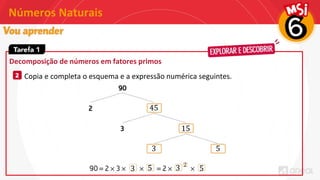 Números Naturais
Decomposição de números em fatores primos
1 Copia e completa o esquema e a expressão numérica seguintes.
45
15
3 5
3 5 3 2
5
 