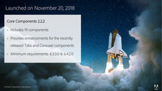 © 2018 Adobe. All Rights Reserved. Adobe Confidential.
Launched on November 20, 2018
4
Core Components 2.2.2
§ Includes 19 components
§ Provides enhancements for the recently
released Tabs and Carousel components
§ Minimum requirements: 6.3.3.0 & 6.4.2.0
© 2018 Adobe. All Rights Reserved. Adobe Confidential.
 