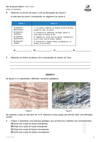 FICHA DE AVALIAÇÃO SUMATIVA MISSÃO: TERRA 7
DOSSIÊ DO PROFESSOR
© Areal Editores 4
6. Relaciona os termos da coluna I com as afirmações da coluna II.
A cada letra da coluna I corresponde um algarismo da coluna II.
Coluna I Coluna II
a) Argumento
paleontológico
b) Argumento
morfológico
c) Argumento
paleoclimático
d) Argumento
litológico
1 – As margens atlânticas da América do Sul e de África
ajustam-se como um puzzle.
2 – Encontram-se sedimentos de origem glaciar na
costa oeste da América do Sul.
3 – Registam-se rochas com as mesmas características
de um e outro lado do Oceano Atlântico.
4 – Encontram-se registos fósseis de Mesossauro na
América do Sul e África.
a) _____________________; b) _____________________; c) _____________________; d) _____________________.
7. Relaciona os limites de placas com a manutenção do volume da Terra.
____________________________________________________________________________________________
____________________________________________________________________________________________
____________________________________________________________________________________________
GRUPO II
As figuras 2 e 3 representam diferentes estruturas geológicas.
Figura 2 Figura 3
Na resposta a cada um dos itens de 1 a 3, seleciona a única opção que permite obter uma afirmação
correta.
1. A figura 3 representa uma estrutura geológica que se forma em materiais com comportamento...
(A) dúctil sob a ação de forças divergentes.
(B) frágil sob a ação de forças divergentes.
(C) frágil sob a ação de forças convergentes.
(D) dúctil sob a ação de forças convergentes.
 