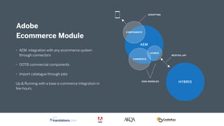 • AEM integration with any ecommerce system
through connectors
• OOTB commercial components
• Import catalogue through jobs
Up & Running with a base e-commerce integration in
few hours.
Adobe
Ecommerce Module
OSGI BUNDLES
RESTFUL API
HYBRIS
AEM
COMPONENTS
COMMERCE
HYBRIS
SCRIPTING
 