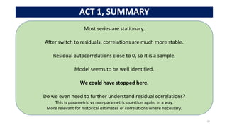 ACT 1, SUMMARY
20
Most series are stationary.
After switch to residuals, correlations are much more stable.
Residual autocorrelations close to 0, so it is a sample.
Model seems to be well identified.
We could have stopped here.
Do we even need to further understand residual correlations?
This is parametric vs non-parametric question again, in a way.
More relevant for historical estimates of correlations where necessary.
 