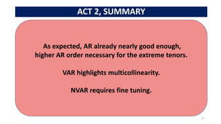 ACT 2, SUMMARY
27
As expected, AR already nearly good enough,
higher AR order necessary for the extreme tenors.
VAR highlights multicollinearity.
NVAR requires fine tuning.
 