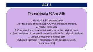 ACT 3
28
The residuals: PCA vs AEN
1. Fit a [10,2,10] autoencoder
…for residuals of estimated AR, VAR and NVAR models.
2. Predict residuals.
3. Compare their correlation matrices to the original ones.
4. Test closeness of the predicted residuals to the original residuals
… using Kolmogorov-Smirnov test
(which is justified, if residuals are not autocorrelated,
hence samples).
 