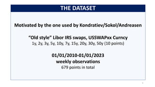 THE DATASET
9
Motivated by the one used by Kondratiev/Sokol/Andreasen
“Old style” Libor IRS swaps, USSWAPxx Curncy
1y, 2y, 3y, 5y, 10y, 7y, 15y, 20y, 30y, 50y (10 points)
01/01/2010-01/01/2023
weekly observations
679 points in total
 
