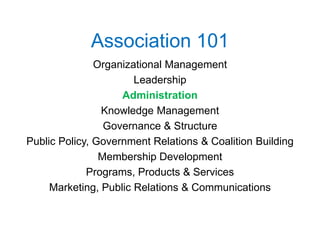 Association 101
               Organizational Management
                       Leadership
                    Administration
                Knowledge Management
                 Governance & Structure
Public Policy, Government Relations & Coalition Building
                Membership Development
             Programs, Products & Services
     Marketing, Public Relations & Communications
 
