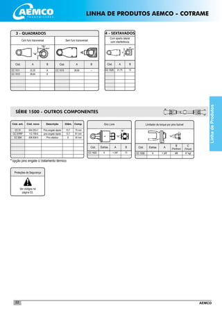 AEMCO22
SÉRIE 1500 - OUTROS COMPONENTES
Giro Livre
CC 1522 1.3/8” 13
Cód. A BEstrias
6
Limitador de torque por pino fusível
CC 1530 1.3/8” M8 47 kgf
Cód. A
B
(Parafuso)
C
(Torque)
Estrias
6
__________________________________
__________________________________
__________________________________
__________________________________
__________________________________
__________________________________
__________________________________
	 Cód. ant. 	 Cód. novo	 Descrição	 Diâm.	Comp.
	 CC 31	 054.253-7	 Pino engate rápido	 13,7	 75 mm
	 CC 31PR*	 112.708-6	 pino engate rápido	 13,7	 81 mm
	 CC 05A	 006.838-5	 Pino elástico	 8	 55 mm
* opção pino engate c/ tratamento térmico
Sem furo transversal
Cód. A B
CC 1515 28,65 ---
Com furo transversal
Cód. A B
CC 1511
CC 1512
22,20
28,65
8
8
3 - QUADRADOS
______________
______________
______________
______________
______________
Com aperto lateral
com interferência
Cód. A B
CC 1525 31,75 13
4 - SEXTAVADOS
___________________________
_________________________________________
_________________________________________
________________________________________
_________________________________________
_________________________________________
____________________
LinhadeProdutos
Proteções de Segurança
Ver códigos na
página 53.
LINHA DE PRODUTOS AEMCO - COTRAME
 
