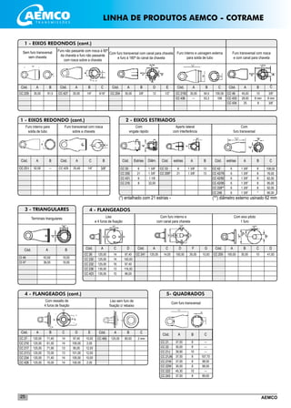 AEMCO25
_____________________________________________
_____________________________________________
_____________________________________________
_____________________________________________
_____________________________________________
Cód. A B
________________________________________________________
________________________________________________________
________________________________________________________
________________________________________________________
________________________________________________________
2 - EIXOS ESTRIADOS
Com
engate rápido
Cód. Estrias
Aperto lateral
com interferência
Cód. estrias
Com
furo transversal
Cód. estrias BDiâm. A A
CC 20
CC 20E
CC 431
CC 216
6
21
6
8
CC 33
CC 209*
6
21
CC 42
CC 42/76
CC 42/82
CC 42/95
CC 228**
CC 246
6
6
6
6
6
6
8
8
8
8
8
*
1 3/8”
1 3/8”
1.1/8
32,00
1 3/8”
1 3/8”
1 3/8”
1 3/8”
1 3/8”
1 3/8”
1 3/8”
1 3/8”
(*) entalhado com 21 estrias -	 (**) diâmetro externo usinado 62 mm
____________________
____________________
____________________
____________________
____________________
Terminais triangulares
Cód. A B
CI 46
CI 47
43,50
36,00
10,00
10,00
3 - TRIANGULARES
Com furo transversal
5- QUADRADOS
C
1 - EIXOS REDONDOS (cont.)
Sem furo transversal
sem chaveta
Cód. A B
35,00 91,5 CC 427
Cód. A B C
30,00 1/4” 5/16” CC 204
Cód. A B D
35,00 3/8” 12
Furo não passante com rosca à 90ª
da chaveta e furo não passante
com rosca sobre a chaveta
Com furo transversal com canal para chaveta
e furo à 180ª do canal da chaveta
CC 229
Cód. A B C
Furo interno e usinagem externa
para solda de tubo
E
1/2”
108,00
76,00
82,00
95,00
92,00
90,00
C
____________________________________________________________________
____________________________________________________________________
____________________________________________________________________
____________________________________________________________________
____________________________________________________________________
4 - FLANGEADOS
Liso
e 4 furos de fixação
Cód. A C
125,00
125,00
125,00
135,00
135,00
14
14
16
13
10
97,40
100,00
97,40
116,00
96,00
D
CC 26
CC 230
CC 232
CC 236
CC 423
Cód. A C
CC 241 125,00 14,00 100,00
D F
35,00
Com furo interno e
com canal para chaveta
G
10,00
Cód. A B
CC 205 100,00 30,00 10
C D
41,00
Com eixo piloto
1 furo
B
13
13
Liso sem furo de
fixação c/ rebaixo
4 - FLANGEADOS (cont.)
120,00
125,00
125,00
125,00
120,00
125,00
71,40
61,50
71,90
72,00
71,40
10,00
14
14
13
13
14
14
97,40
100,00
95,00
101,00
100,00
100,00
Com ressalto de
4 furos de fixação
10,00
2,00
12,00
12,00
10,00
2,50
Cód. A B C D E Cód. A B C
CC 460 125,00 80,00 2 mm
Furo transversal com rosca
e com canal para chaveta
Cód. A B C
1 - EIXOS REDONDO (cont.)
Furo interno para
solda de tubo
Cód. A B
________________________________
________________________________
________________________________
________________________________
________________________________
52,00 ---CC 23 t
CC 27
CC 210
CC 217
CC 217J
CC 234
CC 426
____________________________________________________________________________________________
____________________________________________________________________________________________
___________________________________________________________________________________________
CC 46
CC 433
CC 434
45,00
28,00
25
10
8 mm
8
3/8”
8 mm
3/8”
CC 219C
CC 436
35,00
---
54,5
53,3
100,00
108
Cód. A C
25,40 1/4”CC 429
B
Furo transversal com rosca
sobre a chaveta
3/8”
LINHA DE PRODUTOS AEMCO - COTRAME
___________________
___________________
___________________
___________________
___________________
___________________
___________________
37,00
30,00
39,90
37,00
37,00
30,00
45,30
37,00
8
8
10
8
8
8
10
8
---
---
---
107,70
98,50
98,50
---
89,00
CC 21
CC 22
CC 21J
CC 21JN
CC 21W
CC 22W
CC 222
CC 243
 