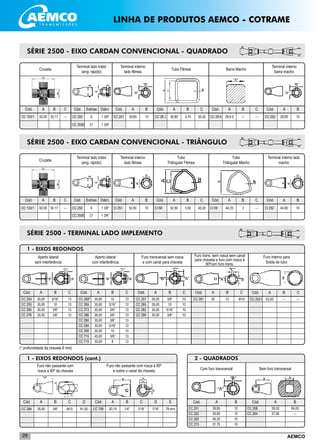 AEMCO29
______________________________________
______________________________________
_____________________________________
Sem furo transversal
Cód. A B
CC 258
CC 264
30,00
37,00
84,00
---
Com furo transversal
Cód. A B
CC 251
CC 252
CC 262
CC 275
2 - QUADRADOS
39,85
29,90
45,30
31,75
10
10
10
10
SÉRIE 2500 - EIXO CARDAN CONVENCIONAL - QUADRADO
Cruzeta
CC 103/1
Terminal lado trator
(eng. rápido)
Terminal interno
lado fêmea
Tubo Fêmea Barra Macho
Terminal interno
barra macho
Cód. A B C Cód. Estrias Diâm. Cód. A B Cód. A B Cód. A B Cód. A B
92,00 30,17 --- CC 250
CC 250E
6
21
1 3/8”
1 3/8”
CC 251 39,85 10 CC 28 J 39,80 4,75 --- CC 252 10
C
30,40
C
---
SÉRIE 2500 - EIXO CARDAN CONVENCIONAL - TRIÂNGULO
Cruzeta
CC 103/1
Terminal lado trator
(eng. rápido)
Terminal interno
lado fêmea
Cód. A B C Cód. Estrias Diâm. Cód. A B Cód. A B Cód. A B Cód. A B
92,00 30,17 --- CC 250
CC 250E
6
21
1 3/8”
1 3/8”
CI 251 52,50 10 CI 58 52,50 3,50 CI 59 3 CI 252 44,60 10
C
45,20
C
---
Tubo
Triângular Fêmea
Tubo
Triângular Macho
Terminal interno lado
macho
__________________________________________________________________________________________
__________________________________________________________________________________________
__________________________________________________________________________________________
__________________________________________________________________________________________
__________________________________________________________________________________________
__________________________________________________________________________________________
__________________________________________________________________________________________
__________________________________________________________________________________________
1 - EIXOS REDONDOS
Aperto lateral
sem interferência
Cód. A B C
30,00
35,00
30,00
35,00
5/16”
10
3/8”
3/8”
13
13
13
13
CC 268*
CC 269
CC 273
CC 286
CC 290
CC 294
CC 295
CC 715
CC 719
Cód. A B C
35,00
35,00
30,00
38,00
35,00
30,00
35,00
45,00
30,00
10
5/16”
3/8”
3/8”
3/8”
5/16”
10
3/8”
8
13
13
13
13
13
13
13
13
13
CC 257
CC 265
CC 282
CC 299
Cód. A B C
35,00
35,00
30,00
30,00
3/8”
10
5/16”
3/8”
10
12
10
10
Aperto lateral
com interferência
Furo transversal sem rosca
e com canal para chaveta
CC 254
CC 255
CC 260
CC 276
SÉRIE 2500 - TERMINAL LADO IMPLEMENTO
CC 291
Cód. A B C
35 12 M10
Furo trans. sem rosca sem canal
para chaveta e furo com rosca à
90ºcom furo trans.
(* profundidade da chaveta 8 mm)
__________________________________________________
__________________________________________________
__________________________________________________
1 - EIXOS REDONDOS (cont.)
Furo interno para
Solda de tubo
Cód. A B C
52,00 --- ---CC 253 t
CC 284
Cód. A B C
35,00 3/8” M10
Furo não passante com
rosca a 90º da chaveta
81,00
D
CC 709
Cód. A B C
30,15 1/4” 7/16”
Furo não passante com rosca à 90º
e sobre o canal da chaveta
7/16”
D
78 mm
E
___________________________________________________________________________________________
___________________________________________________________________________________________
LINHA DE PRODUTOS AEMCO - COTRAME
CC 29 A 29,8 0 29,90
44,20
 