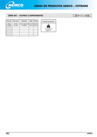 AEMCO41
SÉRIE 001 - OUTROS COMPONENTES
__________________________________
__________________________________
__________________________________
__________________________________
__________________________________
__________________________________
__________________________________
	 Cód. ant. 	 Cód. novo	 Descrição	 Diâm.	Comp.
	 CC 31	 054.253-7	 Pino de engate rápido	13,70 mm	 75,00 mm
	 CC 05B	 021.526-0	 Pino elástico	 8,00 mm	 50,00 mm
LINHA DE PRODUTOS AEMCO - COTRAME
Proteções de Segurança
Ver códigos na
página 53.
 