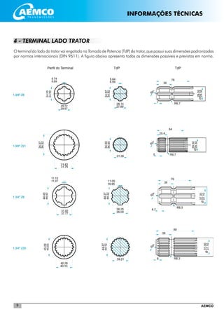 AEMCO9
INFORMAÇÕES TÉCNICAS
Perfil do Terminal TdP TdP
4 - TERMINAL LADO TRATOR
O terminal do lado do trator vai engatado na Tomada de Potencia (TdP) do trator, que possui suas dimensões padronizadas
por normas internacionais (DIN 9611). A figura abaixo apresenta todas as dimensões possíveis e previstas em norma.
 