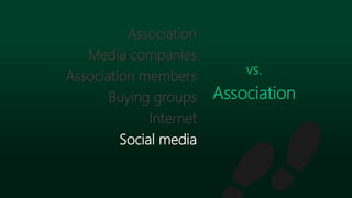 Association
Media companies
Association members
Buying groups
Internet
Social media
vs.
Association
 