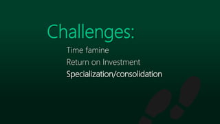 Time famine
Return on Investment
Specialization/consolidation
Challenges:
 