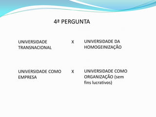 4ª PERGUNTA


UNIVERSIDADE         X   UNIVERSIDADE DA
TRANSNACIONAL            HOMOGEINIZAÇÃO




UNIVERSIDADE COMO    X   UNIVERSIDADE COMO
EMPRESA                  ORGANIZAÇÃO (sem
                         fins lucrativos)
 
