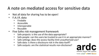 A note on mediated access for sensitive data
• Not all data for sharing has to be open!
• F.A.I.R. data
• Findable
• Accessible
• Interoperable
• Reusable
• Five Safes risk management framework
• Safe projects: is the use of the data appropriate?
• Safe people: can the users be trusted to use it in an appropriate manner?
• Safe settings: does the access facility limit unauthorised use?
• Safe data: is there a disclosure risk in the data itself?
• Safe outputs: are the statistical results non-disclosive?
 