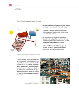62          capítulo 6



            A energiA
            do futuro




                como funciona o aquecedor de água

                                                                       1. A radiação solar é recebida nos coletores solares,
                                                                          absorvida e reemitida sob a forma de calor;
                 Reservatório                               energia
                   térmico                                   solar
                                                                       2. O calor fica retido na cobertura de vidro do
                                                                          coletor e aquece a água contida nos canos da
                                                                          serpentina ali existente;

                                                                       3. As correntes de convecção formadas pelo
                                                                          aquecimento da água fazem com que ela seja
                                                                          transferida para o reservatório térmico, de onde
                                                                          pode ser desviada para servir o imóvel;

                                                                       4. Uma caixa d’água comum fornece água ao
                                                                          sistema para evitar que seu esvaziamento
Coletores                                                                 interrompa as correntes de convecção.
 solares



                Esquema de funcionamento do aquecedor solar de água.




                A utilização deste tipo de aquecedor so­
                lar em cidades da região sul do país tem
                propiciado uma economia média de 50%
                na conta de luz das famílias que o ado­
                taram. já é grande o número de gover­
                nos locais que incentivam sua adoção e,
                em certos casos, até fornecem um aque­
                cedor de baixo custo, feito com materi­
                ais reaproveitados, para a população de
                baixa renda.




                                         Exemplo de utilização de
                                   aquecedor solar de baixo custo.
 