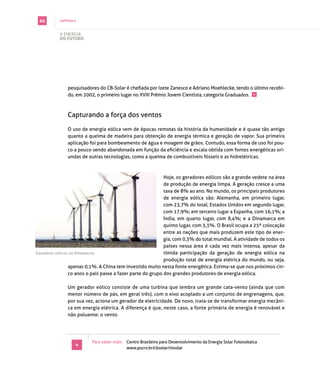 66        capítulo 6



           A energiA
           do futuro




               pesquisadores do CB-Solar é chefiada por Izete Zanesco e Adriano Moehlecke, tendo o último recebi­
               do, em 2002, o primeiro lugar no Xviii prêmio jovem cientista, categoria graduados. +



               capturando a força dos ventos

               o uso de energia eólica vem de épocas remotas da história da humanidade e é quase tão antigo
               quanto a queima de madeira para obtenção de energia térmica e geração de vapor. sua primeira
               aplicação foi para bombeamento de água e moagem de grãos. contudo, essa forma de uso foi pou­
               co a pouco sendo abandonada em função da eficiência e escala obtida com fontes energéticas ori­
               undas de outras tecnologias, como a queima de combustíveis fósseis e as hidrelétricas.



                                                             Hoje, os geradores eólicos são a grande vedete na área
                                                             de produção de energia limpa. A geração cresce a uma
                                                             taxa de 8% ao ano. No mundo, os principais produtores
                                                             de energia eólica são: Alemanha, em primeiro lugar,
                                                             com 23,7% do total; estados Unidos em segundo lugar,
                                                             com 17,9%; em terceiro lugar a espanha, com 16,1%; a
                                                             Índia, em quarto lugar, com 8,4%; e a Dinamarca em
                                                             quinto lugar, com 3,3%. o brasil ocupa a 25ª colocação
                                                             entre as nações que mais produzem este tipo de ener­
                                                             gia, com 0,3% do total mundial. A atividade de todos os
                                                             países nessa área é cada vez mais intensa, apesar da
Geradores eólicos na Dinamarca.                              tímida participação da geração de energia eólica na
                                                             produção total de energia elétrica do mundo, ou seja,
                 apenas 0,1%. A china tem investido muito nesta fonte energética. estima­se que nos próximos cin­
                 co anos o país passe a fazer parte do grupo dos grandes produtores de energia eólica.

               Um gerador eólico consiste de uma turbina que lembra um grande cata­vento (ainda que com
               menor número de pás, em geral três), com o eixo acoplado a um conjunto de engrenagens, que,
               por sua vez, aciona um gerador de eletricidade. de novo, trata­se de transformar energia mecâni­
               ca em energia elétrica. A diferença é que, neste caso, a fonte primária de energia é renovável e
               não poluente: o vento.




                          para saber mais: centro brasileiro para desenvolvimento da energia solar fotovoltaica
                    +                      www.pucrs.br/cbsolar/ntsolar
 