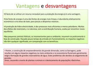 Vantagens e desvantagensO facto de se utilizar um recurso renovável para a produção da energia já é uma vantagem. 