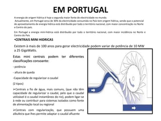 Esta fonte de energia é uma das fontes de energia mais limpas, é abundante,relativamente económica e cria áreas de lazer, para pescas e desportos náuticos .
