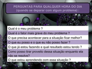 PERGUNTAS PARA QUALQUER HORA DO DIA
(quando se deparar com algum problema) :
Qual é o meu problema ?
Qual é o fator mais grave do meu problema ?
O que precisa acontecer para a situação ficar melhor?
O que eu posso e o que eu não posso fazer ?
O que já estou fazendo e qual resultado estou tendo ?
Como posso tirar proveito dessa situação enquanto ela
não se resolve?
O que estou aprendendo com essa situação ?
 