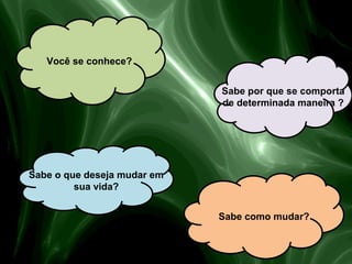 Você se conhece?
Sabe por que se comporta
de determinada maneira ?
Sabe o que deseja mudar em
sua vida?
Sabe como mudar?
 