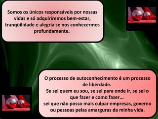 Somos os únicos responsáveis por nossas
vidas e só adquiriremos bem-estar,
tranqüilidade e alegria se nos conhecermos
profundamente.
O processo de autoconhecimento é um processo
de liberdade.
Se sei quem eu sou, se sei para onde ir, se sei o
que fazer e como fazer...
sei que não posso mais culpar empresas, governo
ou pessoas pelas amarguras da minha vida.
 