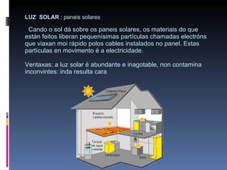 LUZ  SOLAR  : paneis solares   Cando o sol dá sobre os paneis solares, os materiais do que están feitos liberan pequenísimas partículas chamadas electróns que viaxan moi rápido polos cables instalados no panel. Estas partículas en movimento é a electricidade. Ventaxas: a luz solar é abundante e inagotable, non contamina inconvintes: inda resulta cara 