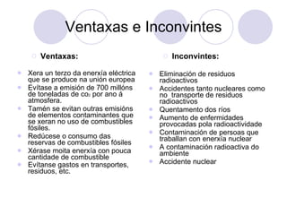 Ventaxas e Inconvintes Ventaxas: Xera un terzo da enerxía eléctrica que se produce na unión europea Evítase a emisión de 700 millóns de toneladas de co 2  por ano á atmosfera. Tamén se evitan outras emisións de elementos contaminantes que se xeran no uso de combustibles fósiles. Redúcese o consumo das reservas de combustibles fósiles Xérase moita enerxía con pouca cantidade de combustible Evítanse gastos en transportes, residuos, etc.   Inconvintes: Eliminación de residuos radioactivos Accidentes tanto nucleares como no  transporte de residuos radioactivos Quentamento dos ríos Aumento de enfermidades provocadas pola radioactividade Contaminación de persoas que traballan con enerxía nuclear A contaminación radioactiva do ambiente Accidente nuclear 