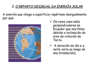 A enerxía que chega a superficie repártese desigualmente
por que:
 Os raios caen máis
perpendiculares no
Ecuador que nos Polos
debido a inclinación do
eixe de rotación da
Terra.
 A duración do día e a
noite varía ao longo do
ano (traslación).
2. O REPARTO DESIGUAL DA ENERXÍA SOLAR
 