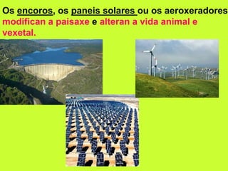 Os encoros, os paneis solares ou os aeroxeradores
modifican a paisaxe e alteran a vida animal e
vexetal.
 