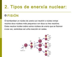 2. Tipos de enerxía nuclear:
   FISIÓN
Ó bombardear un núcleo de uranio cun neutrón o núcleo rompe
noutros dous núcleos máis pequenos e en dous ou tres neutróns.
Estes neutros inciden sobre outros núcleos de uranio que se fisionan
á súa vez, xerándose así unha reacción en cadea.
 
