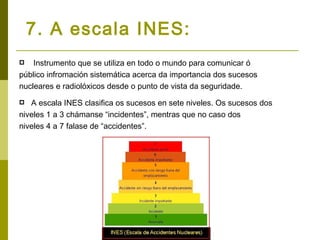 7. A escala INES:
   Instrumento que se utiliza en todo o mundo para comunicar ó
público infromación sistemática acerca da importancia dos sucesos
nucleares e radiolóxicos desde o punto de vista da seguridade.
  A escala INES clasifica os sucesos en sete niveles. Os sucesos dos
niveles 1 a 3 chámanse “incidentes”, mentras que no caso dos
niveles 4 a 7 falase de “accidentes”.
 