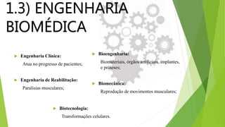 1.3) ENGENHARIA
BIOMÉDICA
 Engenharia Clínica:
Atua no progresso de pacientes;
 Engenharia de Reabilitação:
Paralisias musculares;
 Bioengenharia:
Biomateriais, órgãos artificiais, implantes,
e próteses;
 Biomecânica:
Reprodução de movimentos musculares;
 Biotecnologia:
Transformações celulares.
 