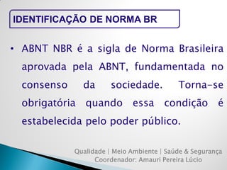 Qualidade | Meio Ambiente | Saúde & Segurança 
Coordenador: Amauri Pereira Lúcio 
IDENTIFICAÇÃO DE NORMA BR 
•ABNT NBR é a sigla de Norma Brasileira aprovada pela ABNT, fundamentada no consenso da sociedade. Torna-se obrigatória quando essa condição é estabelecida pelo poder público.  