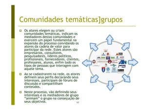 Comunidades temáticas]grupos
 Os atores elegem ou criam
 comunidades temáticas, indicam os
 mediadores destas comunidades e
 exercem um papel fundamental na
 expansão do processo convidando os
 atores da cadeia de valor para
 participar da rede. Estes atores são
 empresários, consultores,
 pesquisadores, líderes políticos,
 profissionais, fornecedores, clientes,
 professores, alunos, enfim todo os
 tipos de pessoas que interagem com
 aquele tema.
 Ao se cadastrarem na rede, os atores
 definem seus perfis declarando seus
 interesses, participam de fóruns de
 discussão e compartilham
 conteúdos.
 Neste processo, vão definindo seus
 interesses e os mediadores de grupo
 “animam” o grupo na conseçução de
 seus objetivos.                    12
 