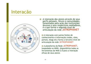 Interacão
             A interação dos atores através de seus
             perfis pessoais, fóruns e comunidades,
             fomentados pela ação das instituições
             âncoras e seus respectivos mediadores,
             é o que forma o segundo nível de
             articulação da rede JATROPHANET

              A interação com outras fontes de
            conhecimento e informação (redes, sites,
            portais, blogs etc) forma o terceiro nível de
            articulação da rede JATROPHANET
              A plataforma da Rede JATROPHANET,
            hospedada no NING, disponibiliza todas as
            ferramentas da Web 2.0 para a interação
            eficaz de seus atores


               13
 