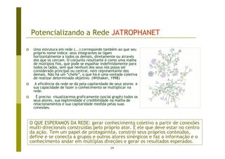 Potencializando a Rede JATROPHANET

 Uma estrutura em rede (...) corresponde também ao que seu
 próprio nome indica: seus integrantes se ligam
 horizontalmente a todos os demais, diretamente ou através
 dos que os cercam. O conjunto resultante é como uma malha
 de múltiplos fios, que pode se espalhar indefinidamente para
 todos os lados, sem que nenhum dos seus nós possa ser
 considerado principal ou central, nem representante dos
 demais. Não há um “chefe”, o que há é uma vontade coletiva
 de realizar determinado objetivo. (Withaker, 1998)
  A eficiência da rede se dá pela capilaridade de seus atores e
 sua capacidade de fazer o conhecimento se multiplicar na
 rede.
  É preciso visualizarmos graficamente (social graph) todos os
 seus atores, sua legitimidade e credibilidade na malha de
 relacionamentos e sua capilaridade medida pelas suas
 conexões.



O QUE ESPERAMOS DA REDE: gerar conhecimento coletivo a partir de conexões
multi-direcionais construídas pelo próprio ator. É ele que deve estar no centro
da ação. Tem um papel de protagonista, constrói seus próprios conteúdos,
define e se conecta a grupos e outros atores sinérgicos e faz a informação e o
conhecimento andar em múltiplas direções e gerar os resultados esperados.
                                              14
 