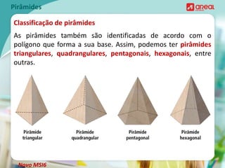 Pirâmides
Classificação de pirâmides
As pirâmides também são identificadas de acordo com o
polígono que forma a sua base. Assim, podemos ter pirâmides
triangulares, quadrangulares, pentagonais, hexagonais, entre
outras.
Novo MSI6
 