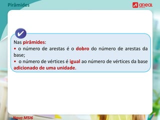 Pirâmides
Nas pirâmides:
• o número de arestas é o dobro do número de arestas da
base;
• o número de vértices é igual ao número de vértices da base
adicionado de uma unidade.
Novo MSI6
 